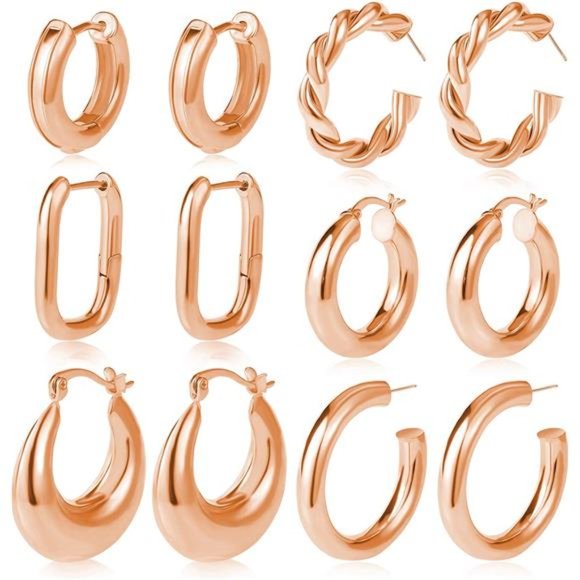 6 Pairs Chunky Gold Hoop Earrings Set for Women 14K Gold Plated Hypoallergenic - Picture 1 of 6